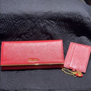 Prada Red Wallet and Card Holder with Gold Accents